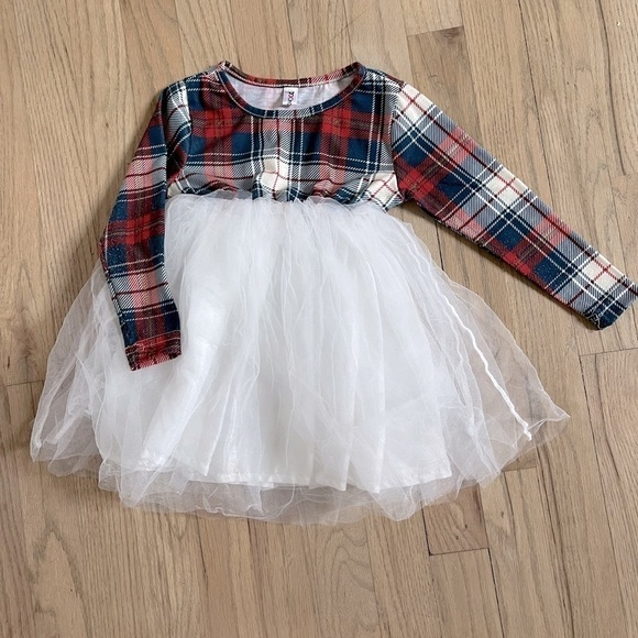 Toddler Girl Holiday Plaid and White Tulle Dress with Long Sleeves size 18 month - Picture 1 of 4